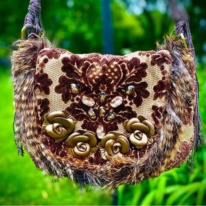 Vintage 80s Original SHARIF 1827 Messenger Bag Beaded Fur Purse Tapestry